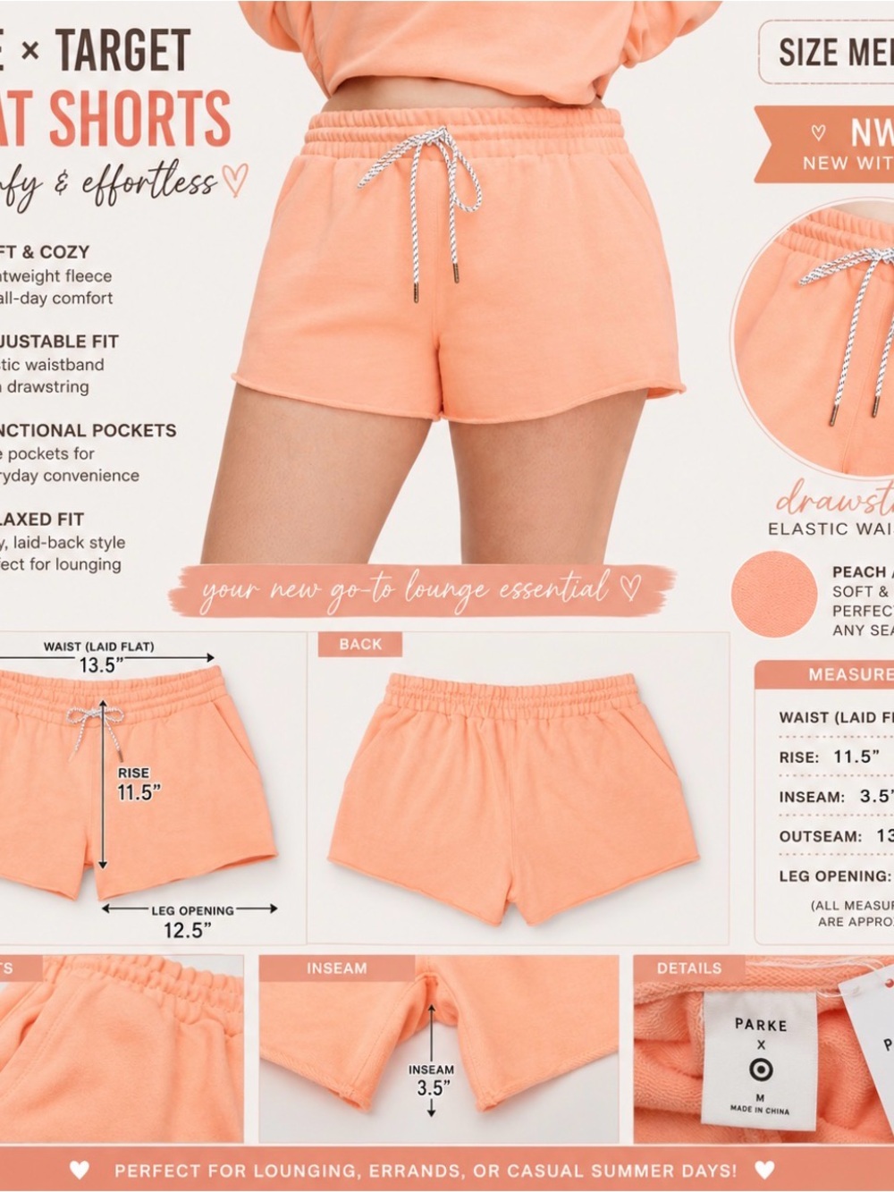 PARKE x Target Sweat Shorts – Women’s Medium – NWT – Peach Coral Lounge Shorts